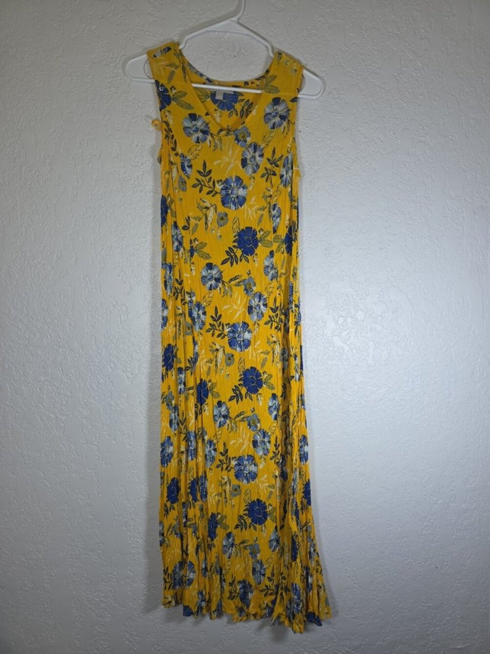 Women Within Small (12) Sleeveless Maxi Dress Yellow Floral Wrinkle Relaxed